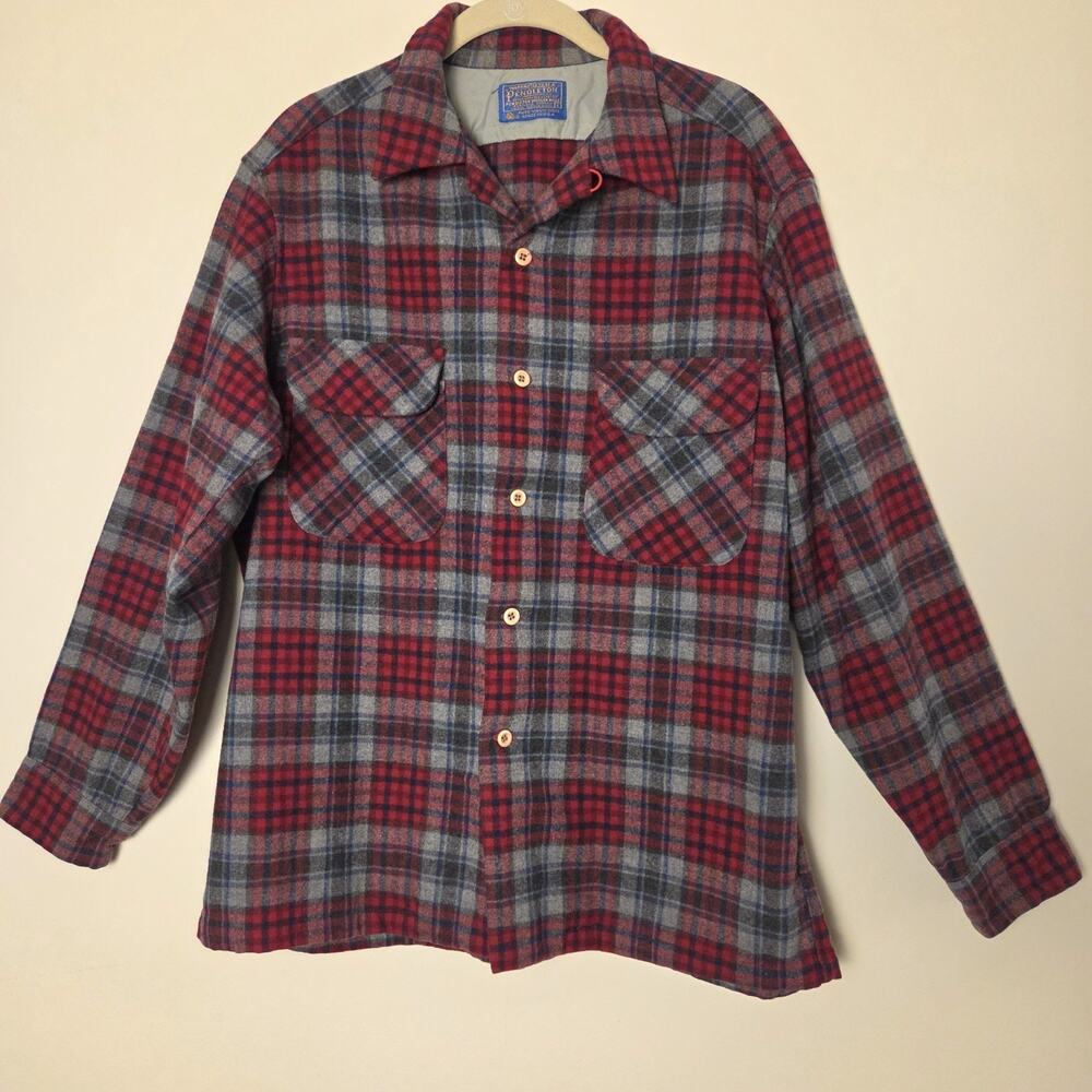 Vintage Pendleton Board Shirt L Red Grey Plaid Loop Collar Wool Surf Flannel